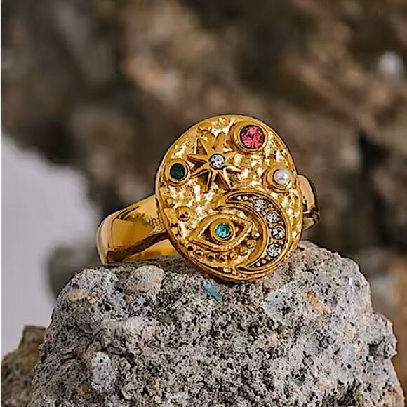 Gold Zircon Evil Eye Star Moon Ring Stainless Steel Gold Plated Bojo - Picture 3 of 6